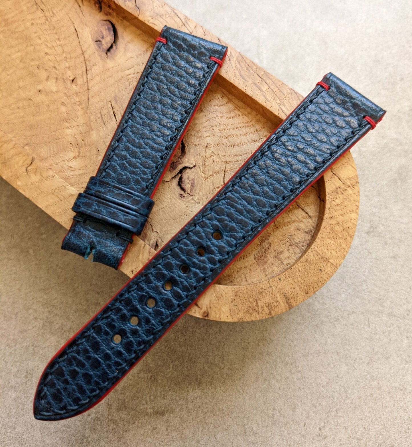 Pebbled Strap - Navy Blue - Red Lug stitches & Edges