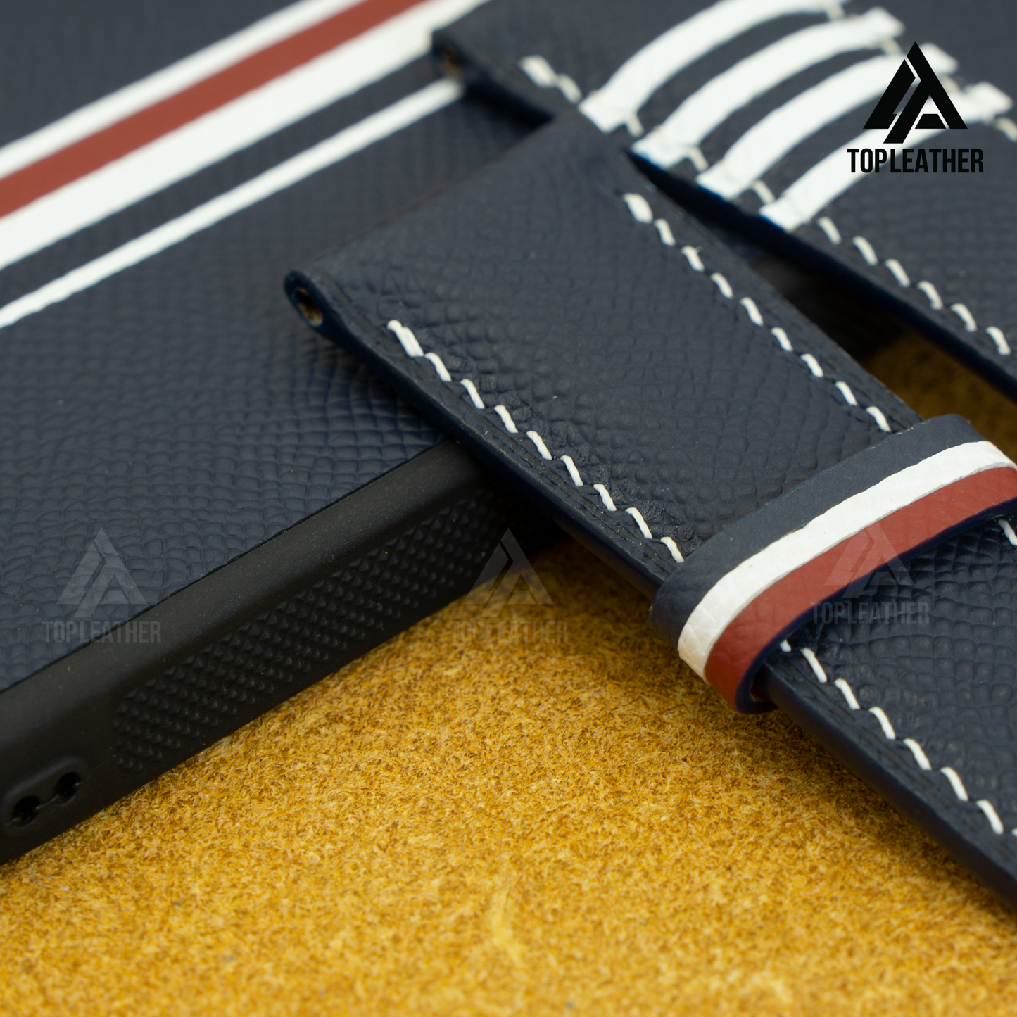 Epsom Leather IPhone Case - Blue Navy mix of White & Red plaid pattern