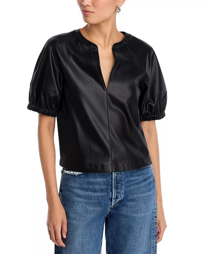 Faux Leather Split Neck Top