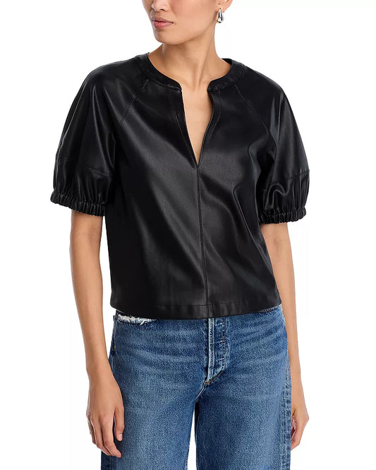 Faux Leather Split Neck Top