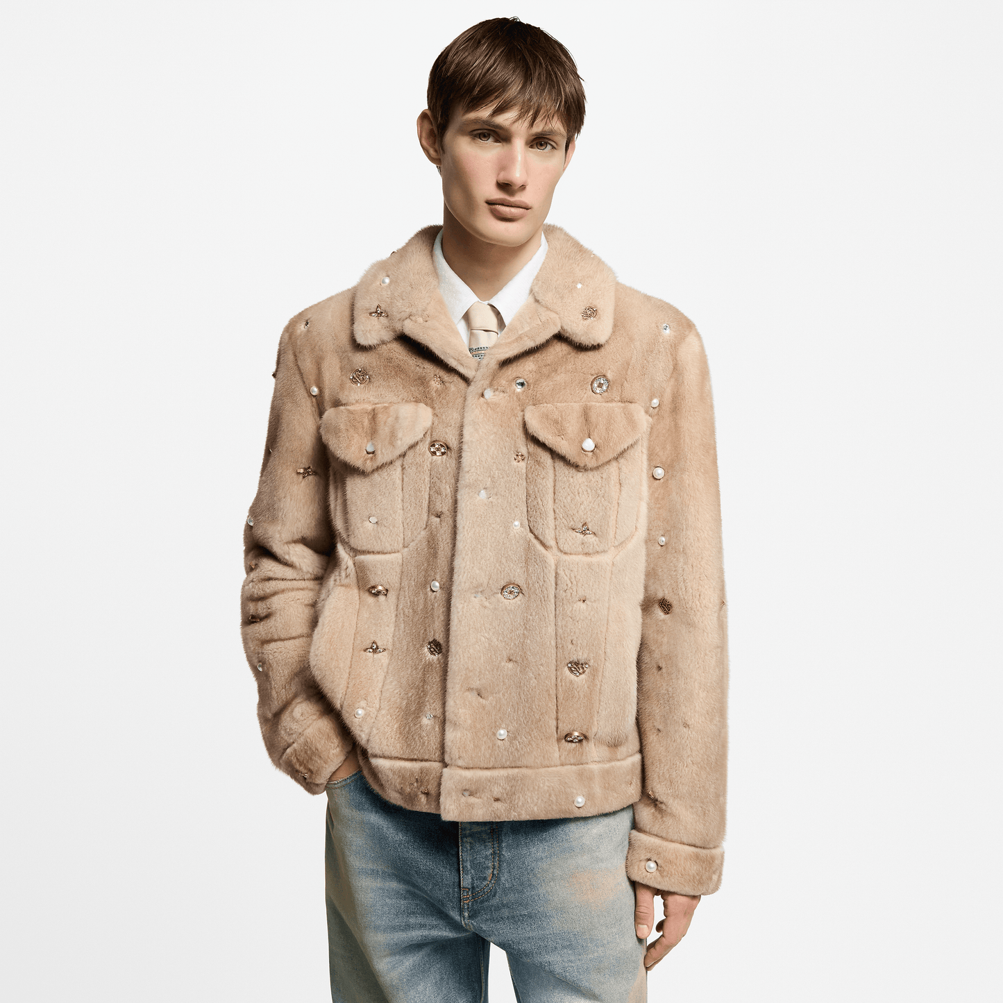 Embellished Mink Trucker Jacket