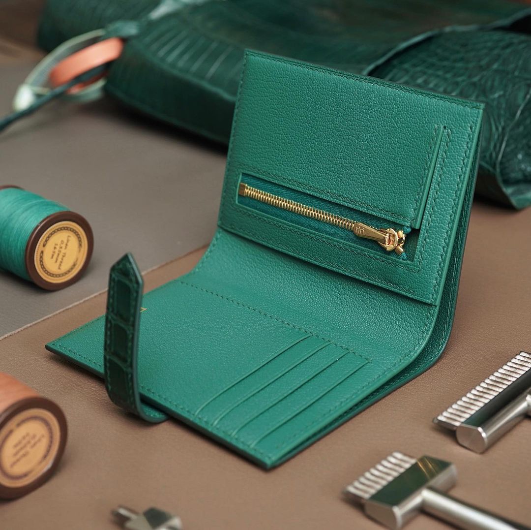 Green wallet with zip coin compartment