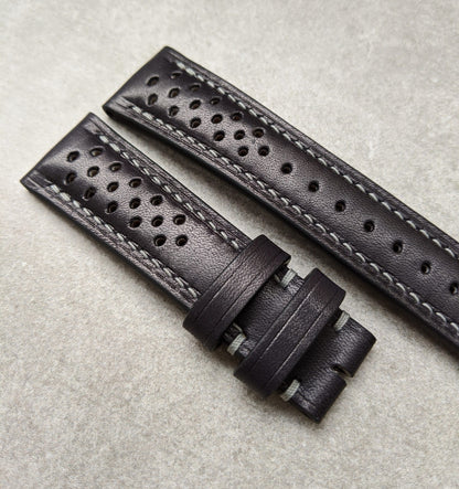 French Calfskin Rally Watch Strap - Black & Smoke Grey