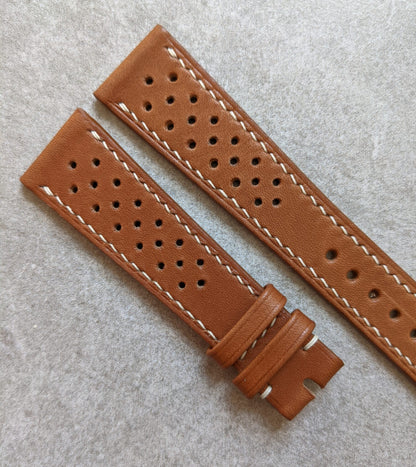 Barenia Rally Calfskin Watch Strap - Mid Brown w/cream stitching