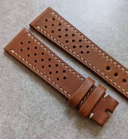 Barenia Rally Calfskin Watch Strap - Mid Brown w/cream stitching