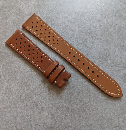 Barenia Rally Calfskin Watch Strap - Mid Brown w/cream stitching