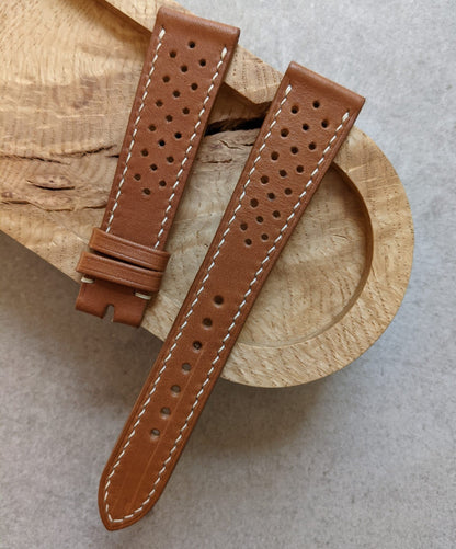 Barenia Rally Calfskin Watch Strap - Mid Brown w/cream stitching