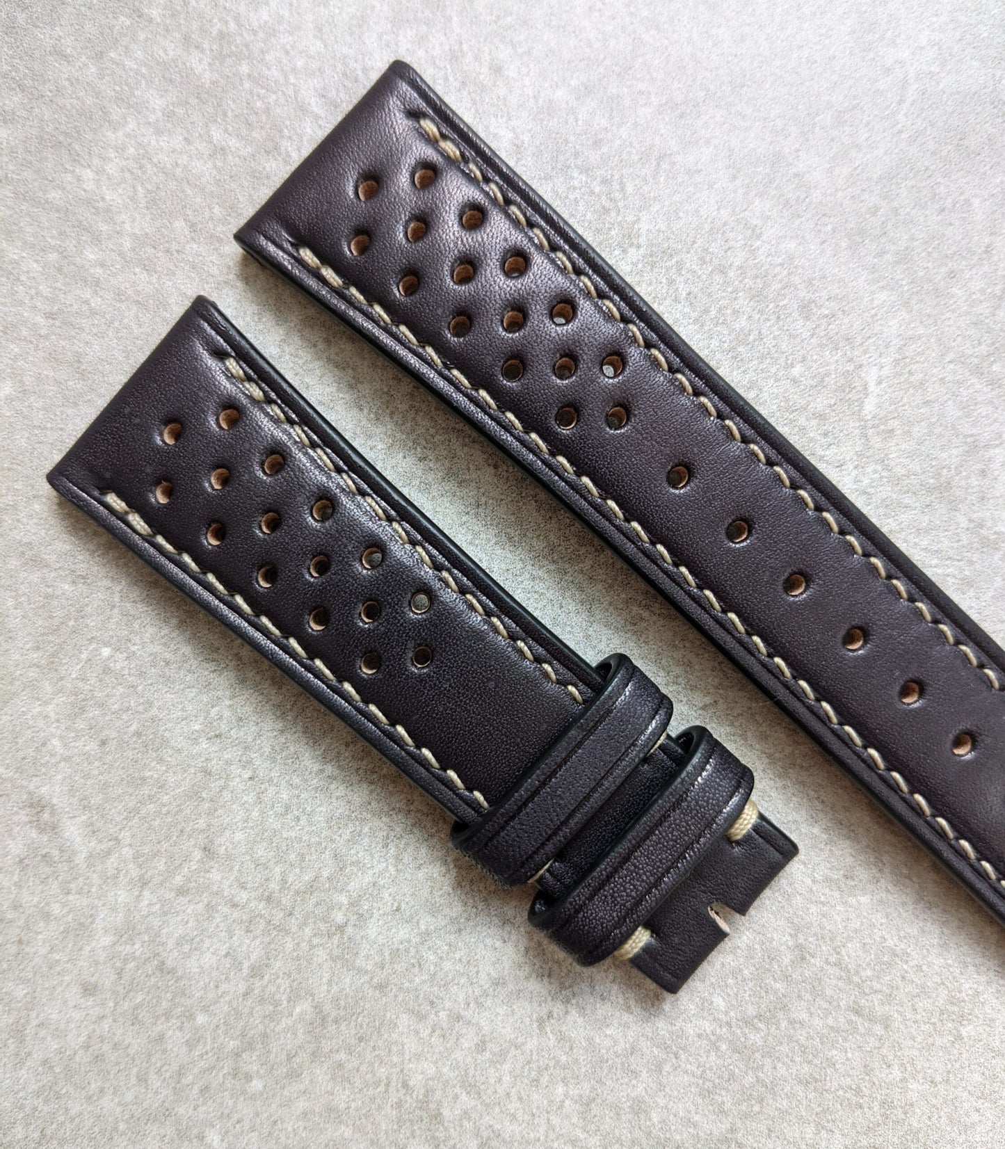 French Calfskin Rally Watch Strap - Black W/Sandstone Stitching