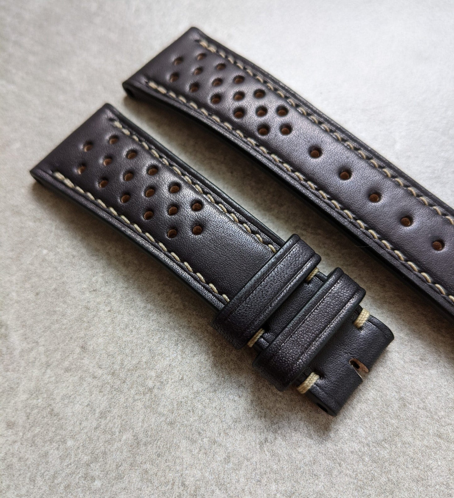 French Calfskin Rally Watch Strap - Black W/Sandstone Stitching