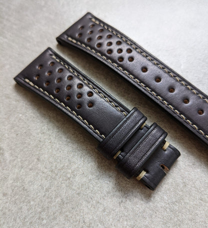 French Calfskin Rally Watch Strap - Black W/Sandstone Stitching