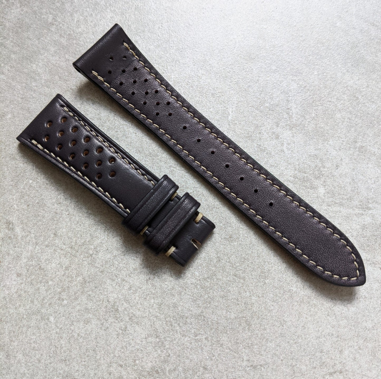 French Calfskin Rally Watch Strap - Black W/Sandstone Stitching