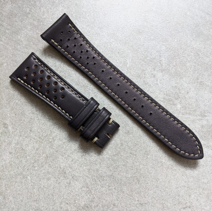 French Calfskin Rally Watch Strap - Black W/Sandstone Stitching