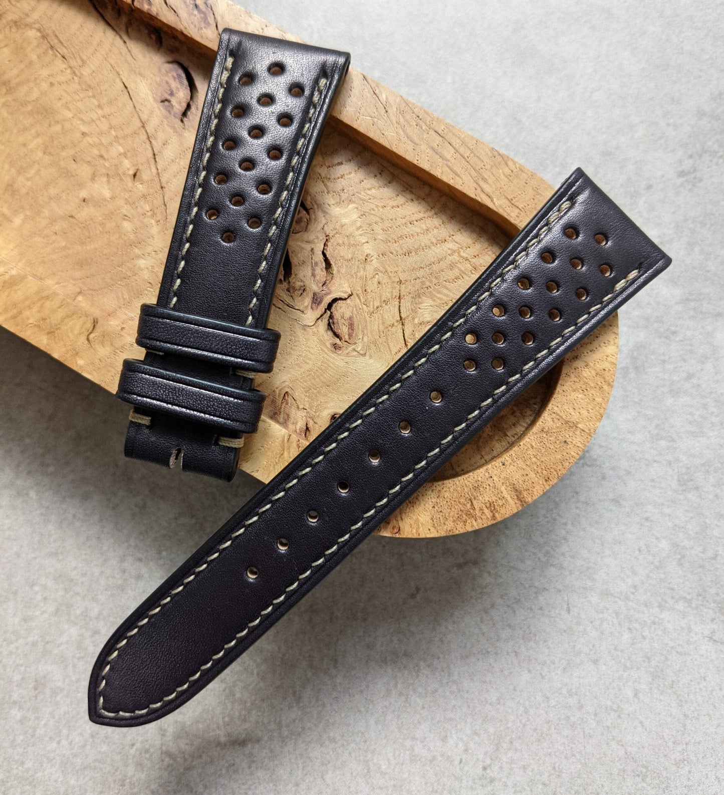 French Calfskin Rally Watch Strap - Black W/Sandstone Stitching