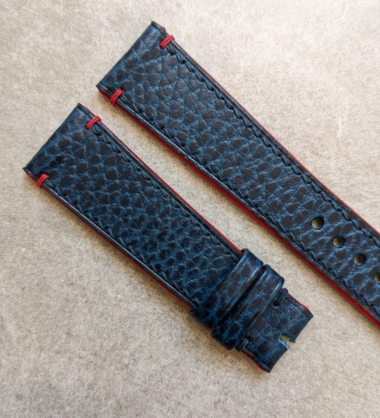 Pebbled Strap - Navy Blue - Red Lug stitches & Edges
