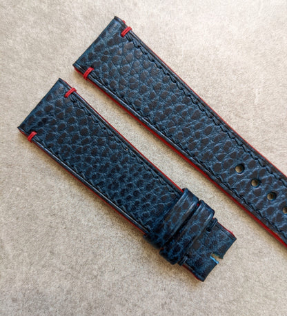 Pebbled Strap - Navy Blue - Red Lug stitches & Edges