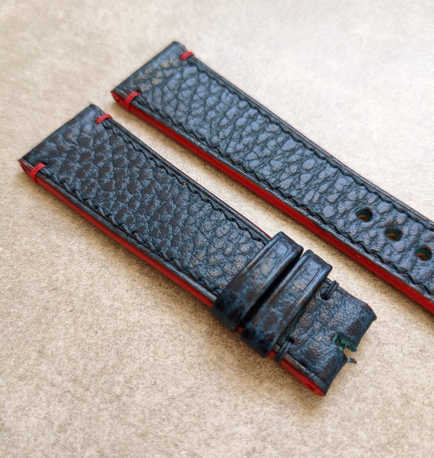 Pebbled Strap - Navy Blue - Red Lug stitches & Edges