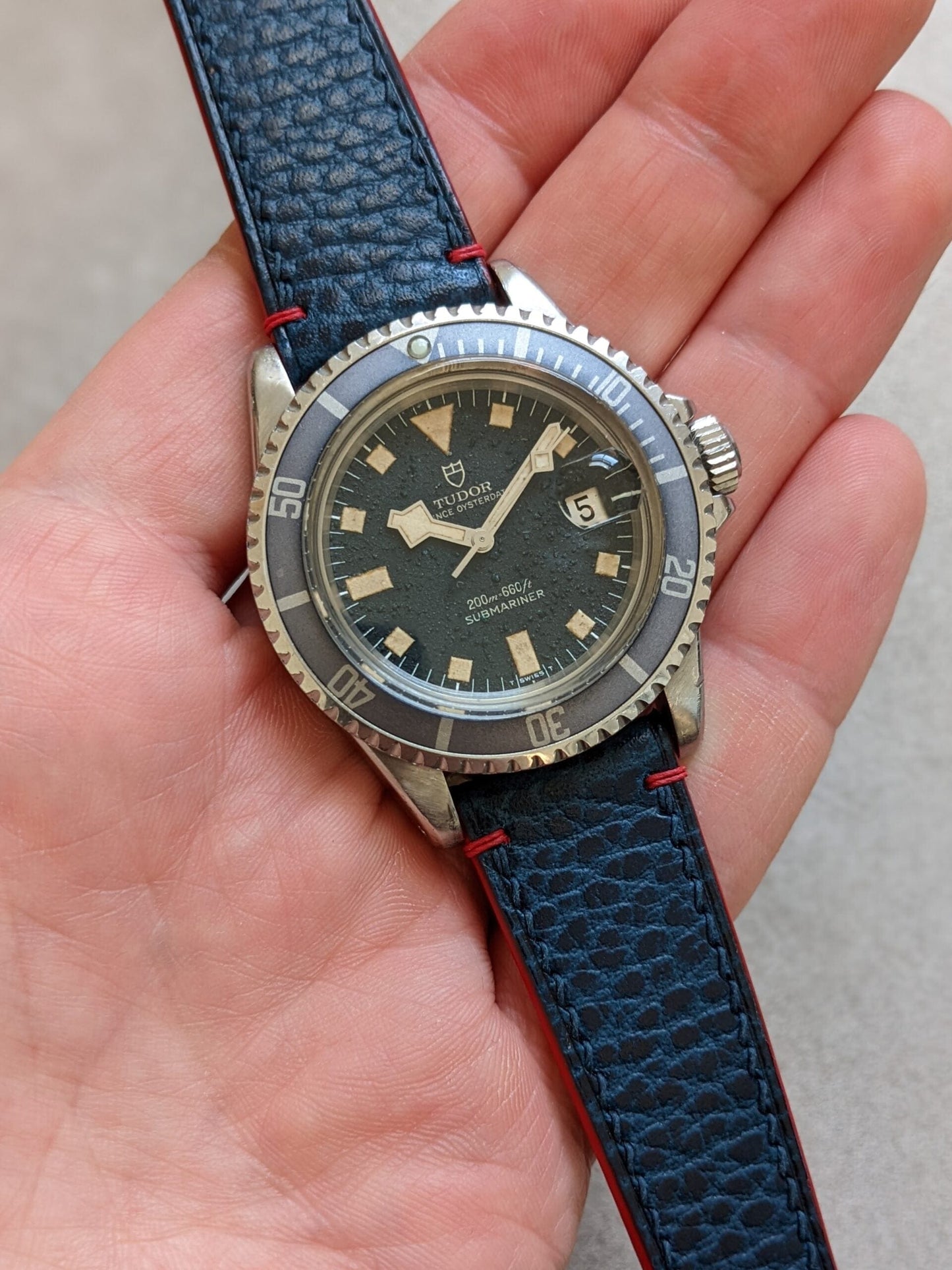 Pebbled Strap - Navy Blue - Red Lug stitches & Edges