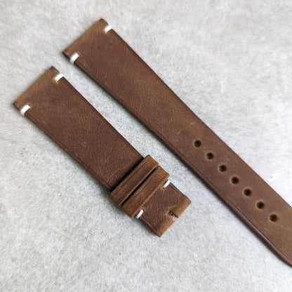 Wax Flat Calfskin Strap - Brown W/Minimal Cream stitching