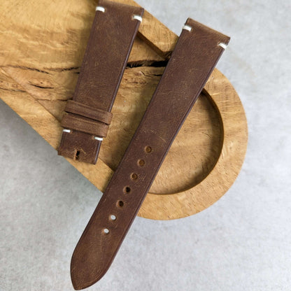 Wax Flat Calfskin Strap - Brown W/Minimal Cream stitching