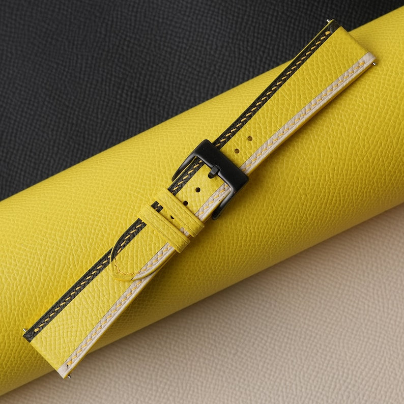 Tricolor Yellow Epsom Leather Watch Strap ,Tricolor Yellow Epsom Handmade Watch Strap, Epsom Strap Watch 16mm 18mm 19mm 20mm 21mm